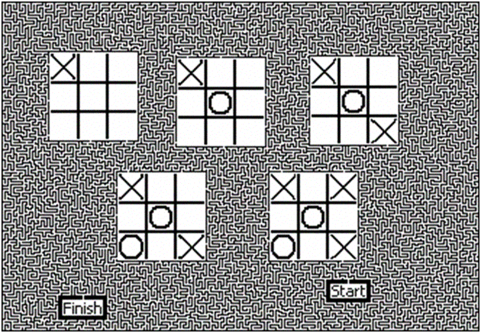 Hand drawn maze around five tic-tac-toe boards