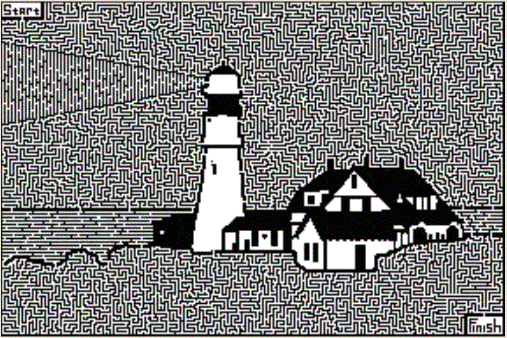 Hand drawn maze of a lighthouse and house by the water