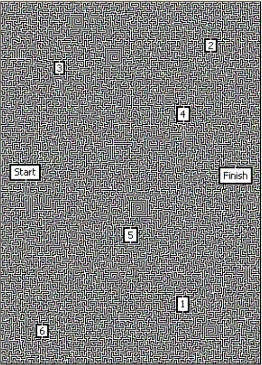 Hand drawn maze with six numbered checkpoints