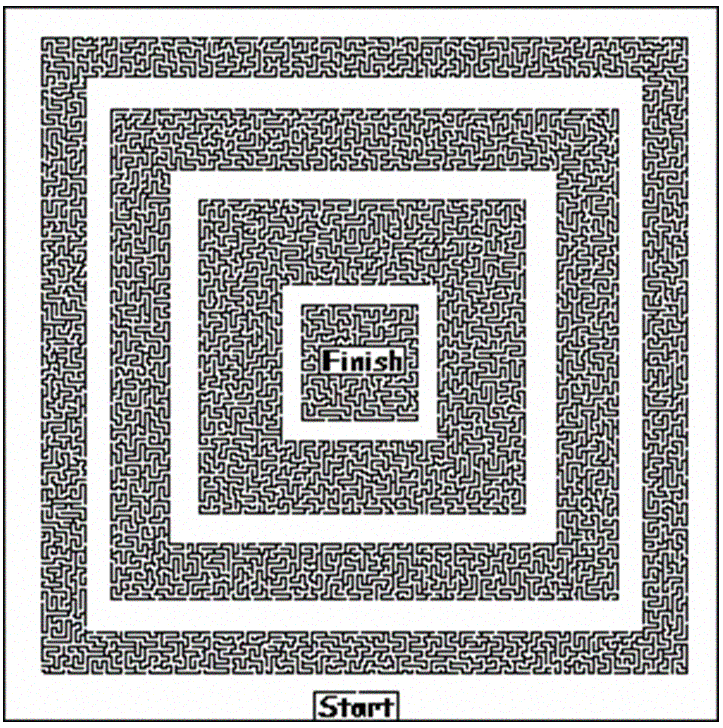 Hand drawn maze of square rings with Finish in the middle