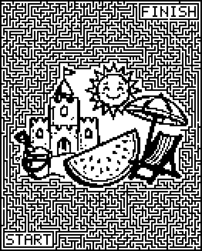 Printable summer maze around a sandcastle, sun, watermelon and beach chair