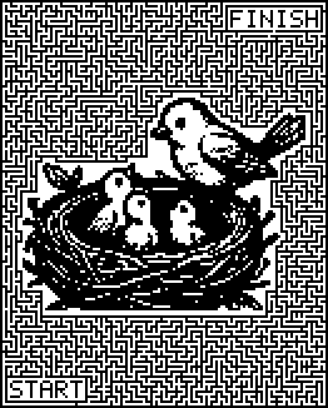 Printable spring maze around a bird watching three chicks in a nest