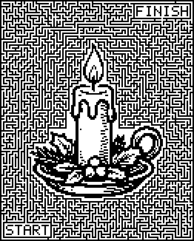 Printable Christmas maze around a lit candle with holly