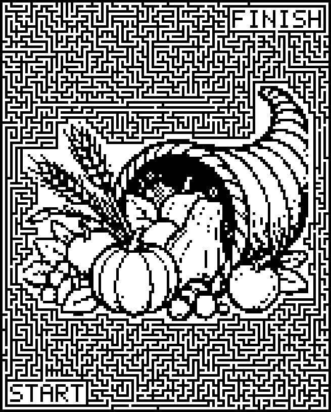 Printable Thanksgiving and fall maze around a cornucopia full of harvest food
