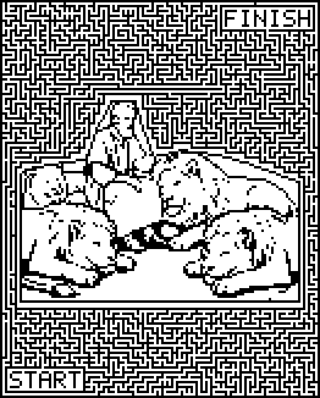 Printable Bible maze around Daniel praying among the lions