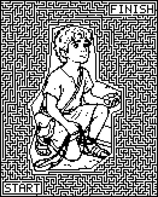 Printable Bible maze around David picking up stones at the brook, with Goliath behind him