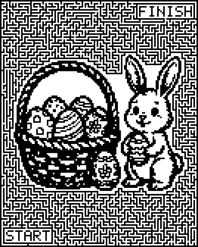 Printable Easter maze around a bunny and a basket of eggs