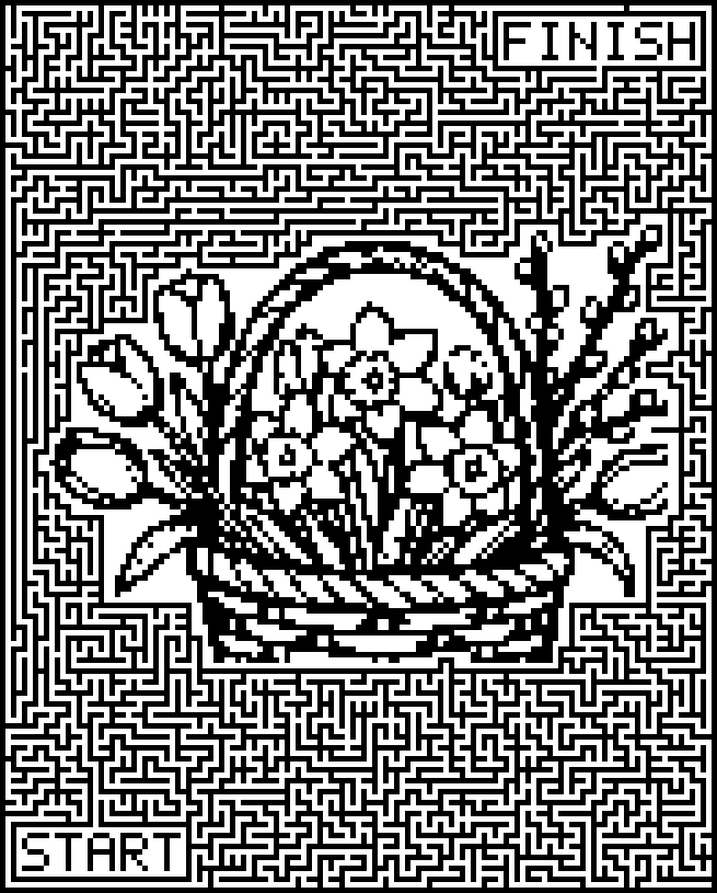 Printable spring maze around a basket of tulips and daffodils