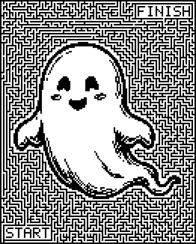 Printable Halloween maze around a smiling ghost