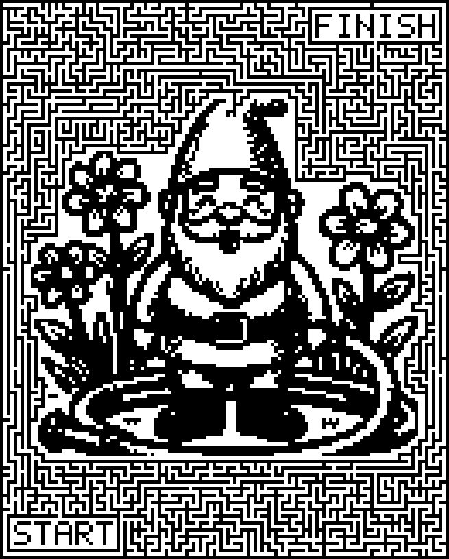 Printable spring maze around a garden gnome with flowers