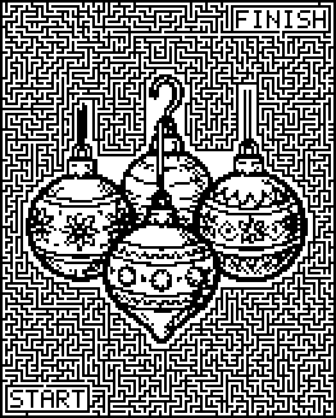 Printable Christmas maze around four hanging ornaments