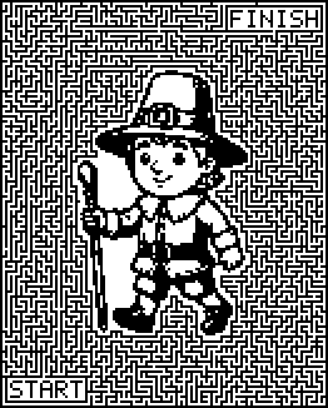 Printable Thanksgiving maze around a pilgrim boy with a walking stick
