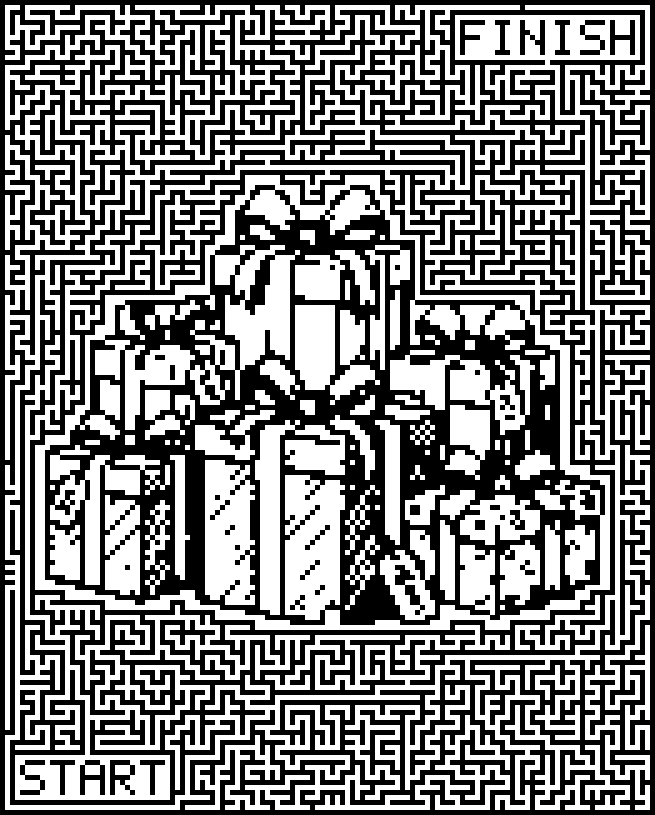 Printable Christmas maze around a pile of wrapped presents