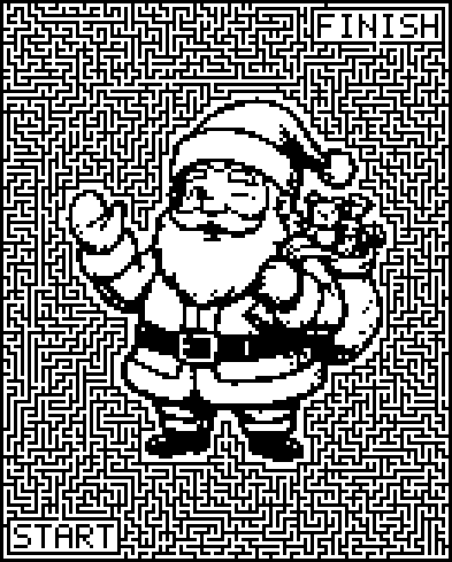Printable Christmas maze around Santa waving with a sack of toys