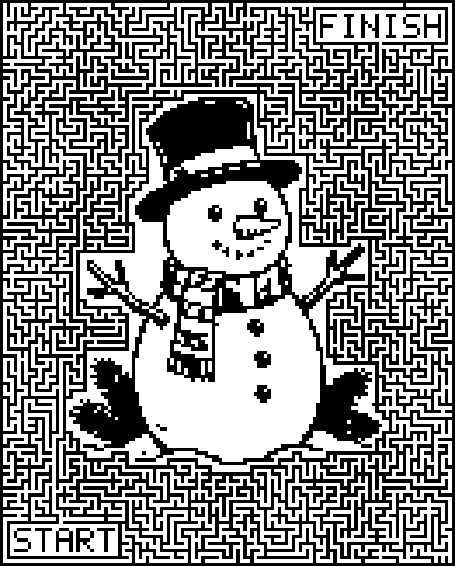Printable Christmas maze around a snowman with a top hat and scarf