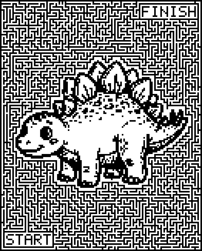 Printable dinosaur maze around a cartoon stegosaurus
