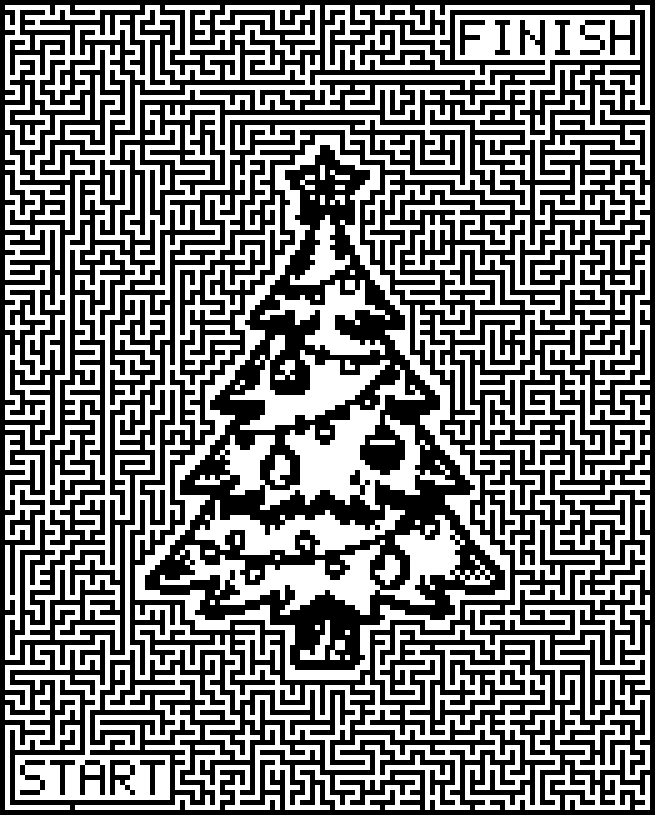 Printable Christmas maze around a decorated Christmas tree
