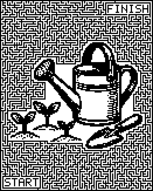 Printable spring maze around a watering can, a trowel and seedlings