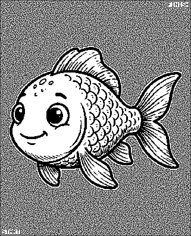Hard printable maze with tiny paths around a cartoon goldfish