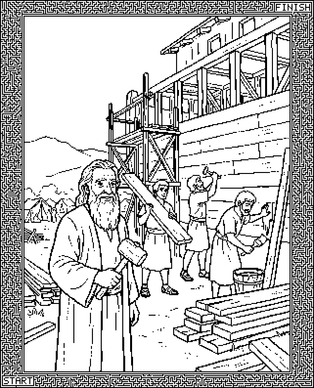 Hard printable Bible maze around Noah’s ark that fills the whole page