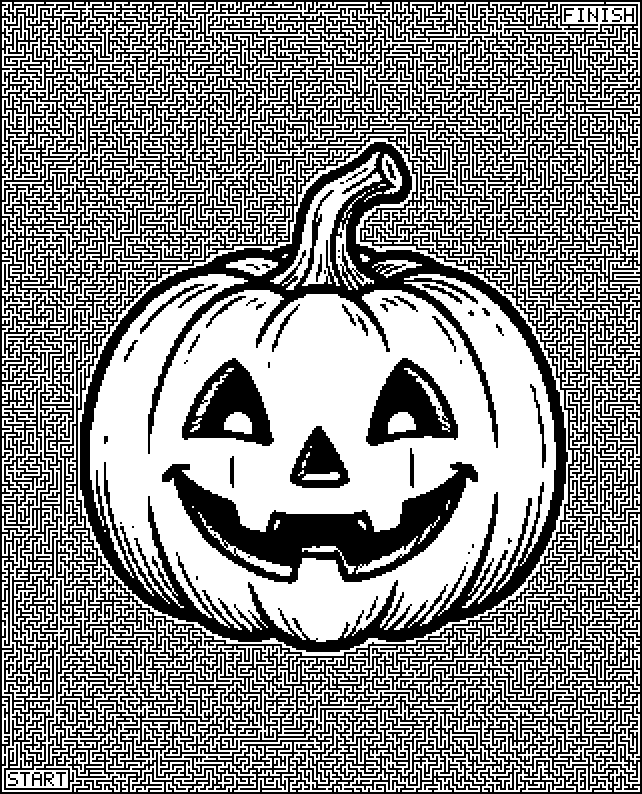 Hard printable Halloween maze with tiny paths around a jack-o’-lantern