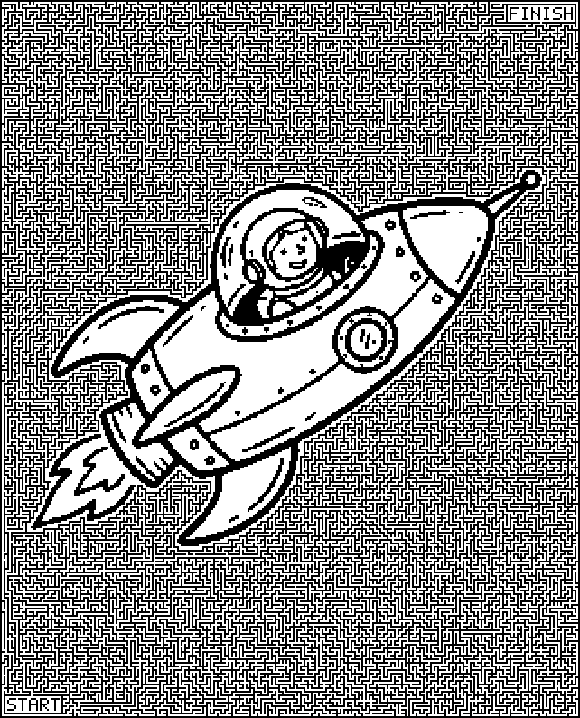 Hard printable maze with tiny paths around a kid astronaut in a rocket