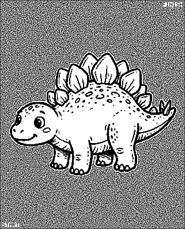 Hard printable maze with tiny paths around a cartoon stegosaurus