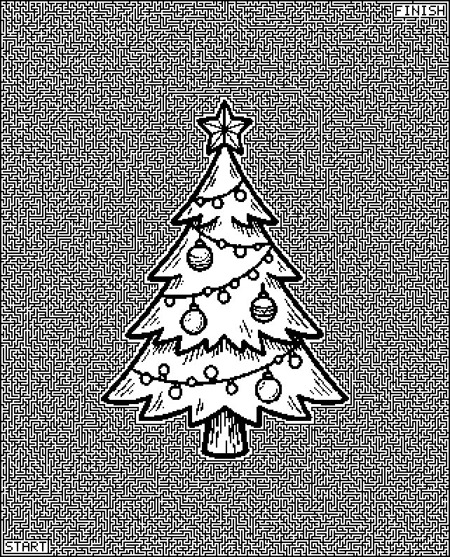 Hard printable Christmas maze with tiny paths around a decorated tree