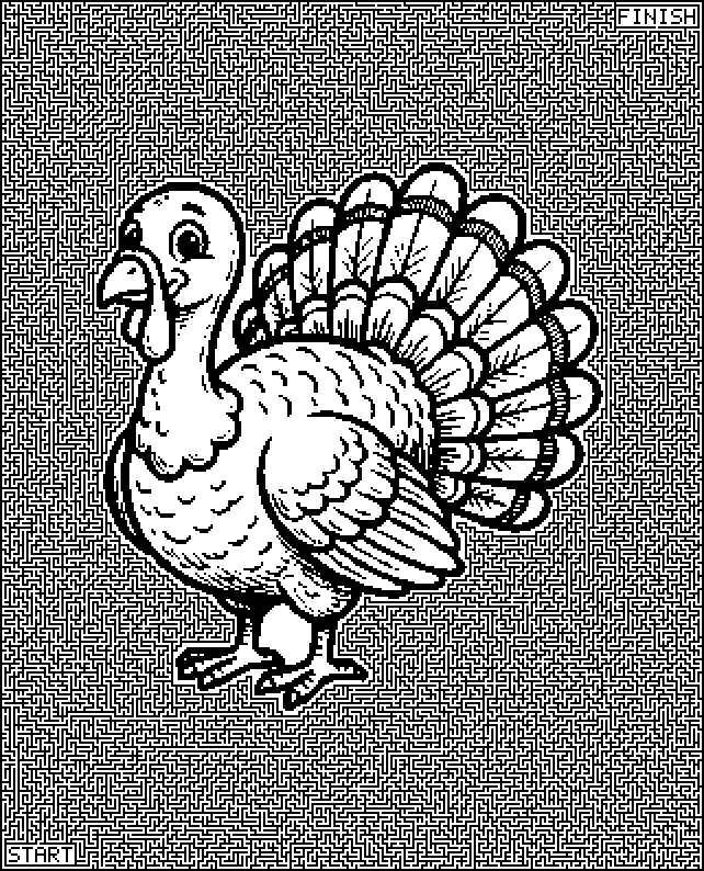 Hard printable Thanksgiving maze with tiny paths around a cartoon turkey