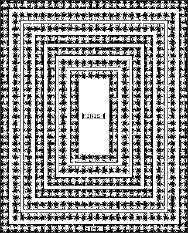 Hard printable maze of square rings with Finish in the middle