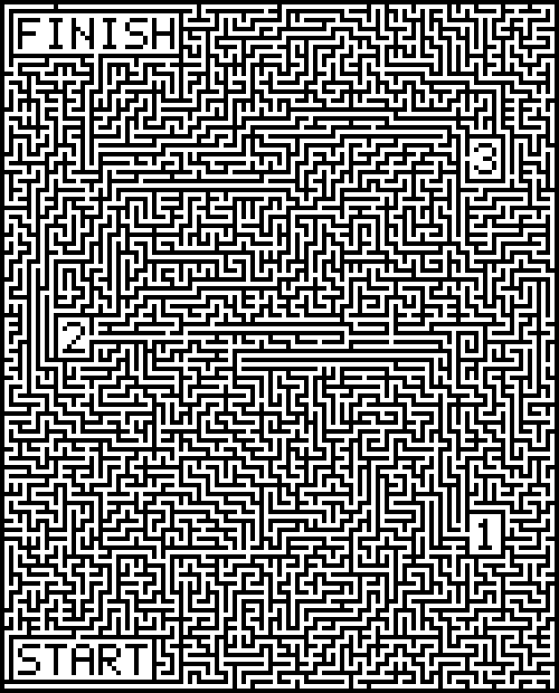 Printable maze with three numbered checkpoints