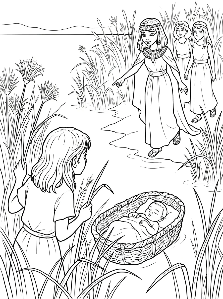 Printable Bible coloring page: Baby Moses in the basket