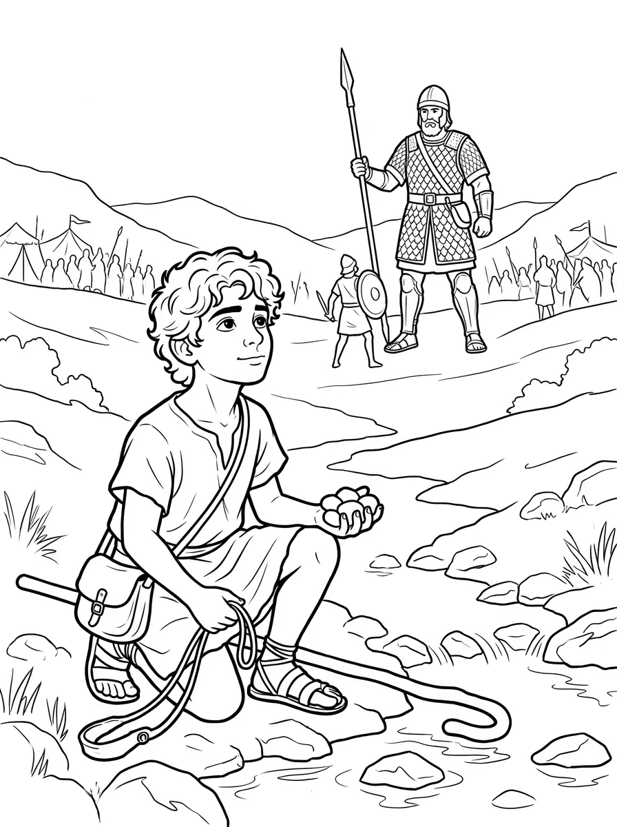 Printable Bible coloring page: David and Goliath