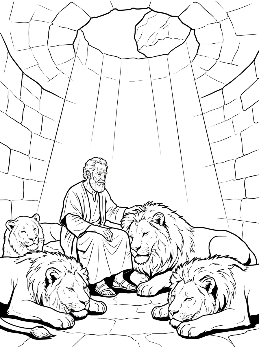 Printable Bible coloring page: Daniel in the lions’ den