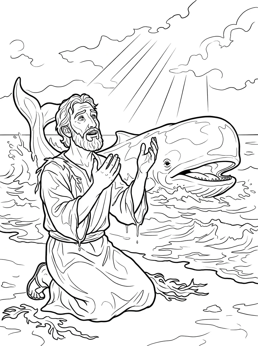 Printable Bible coloring page: Jonah and the great fish