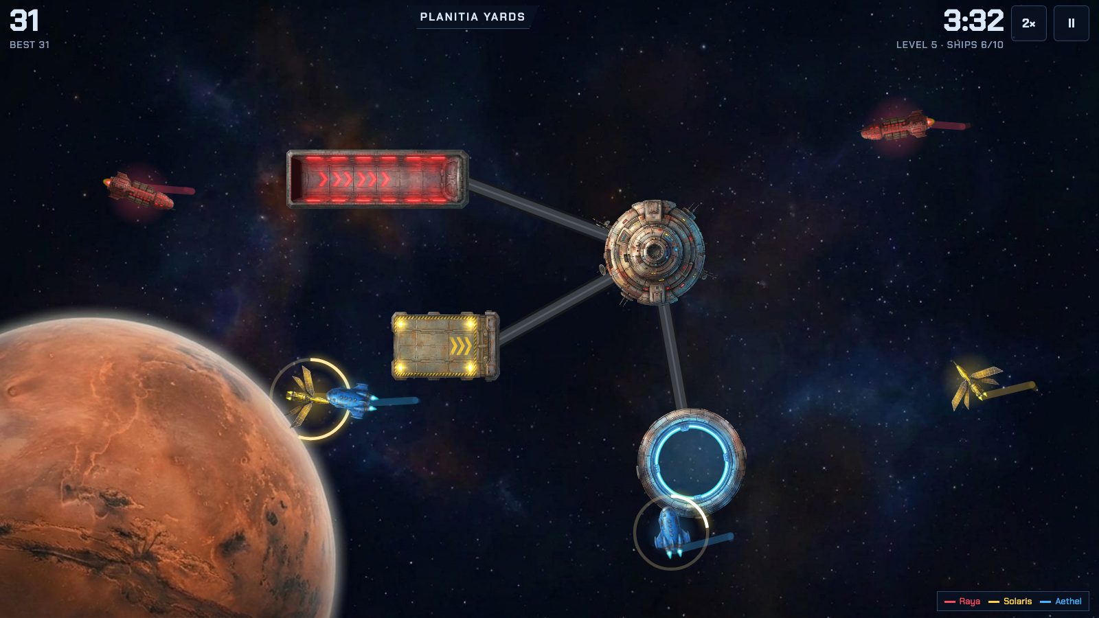 A busy station with six ships, two of them carrying gold countdown rings