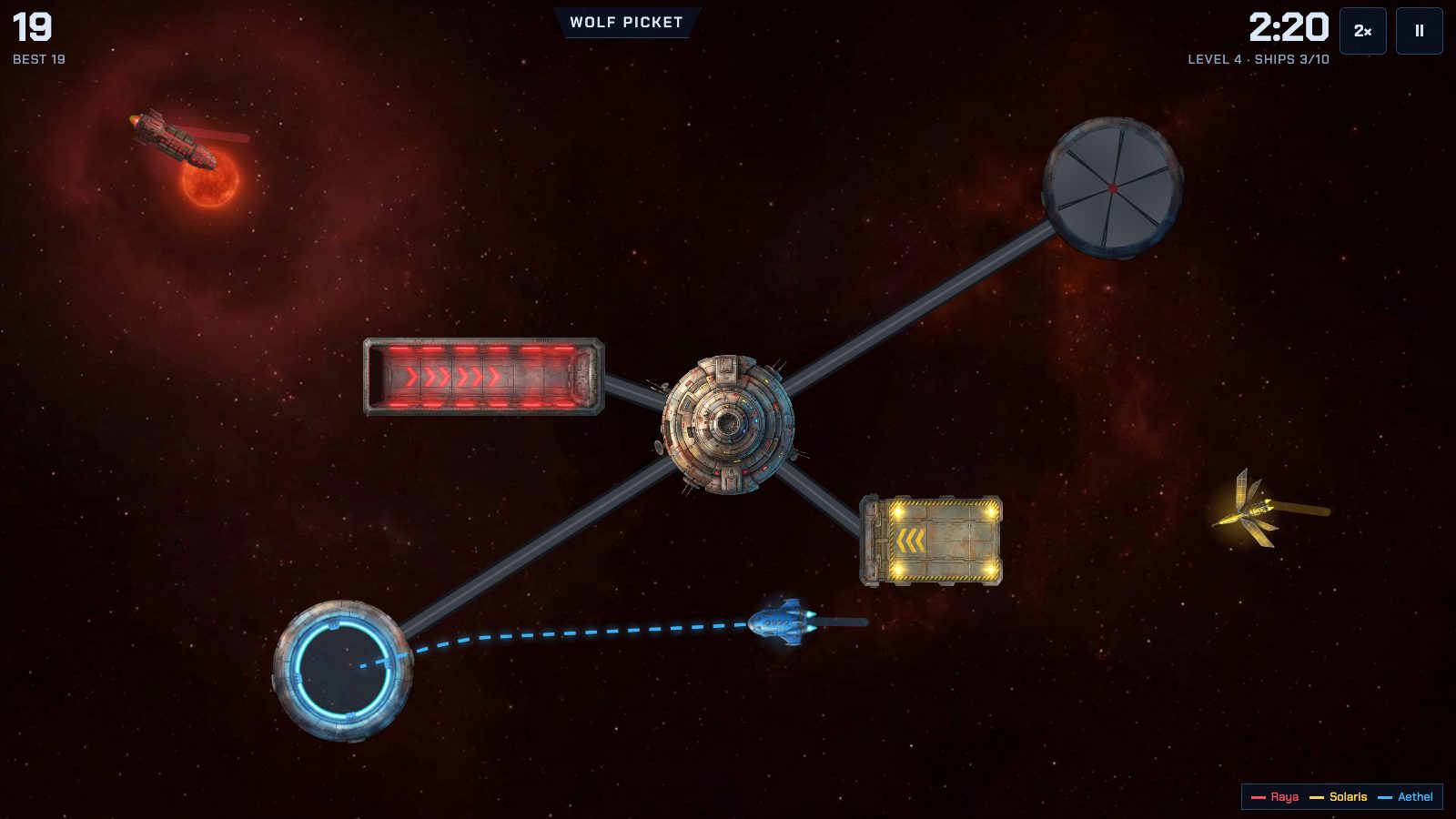A station orbiting a red dwarf, one blue ring shut behind a metal iris while a shuttle heads for the open one