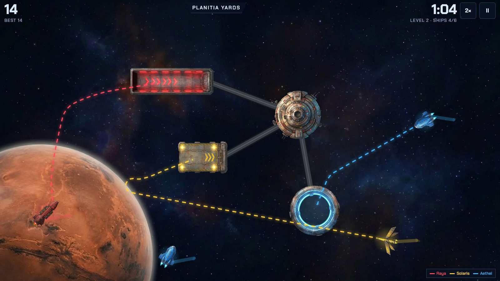 Three ships following dashed lines into a red bay, a yellow pad and a blue ring on a station over Mars