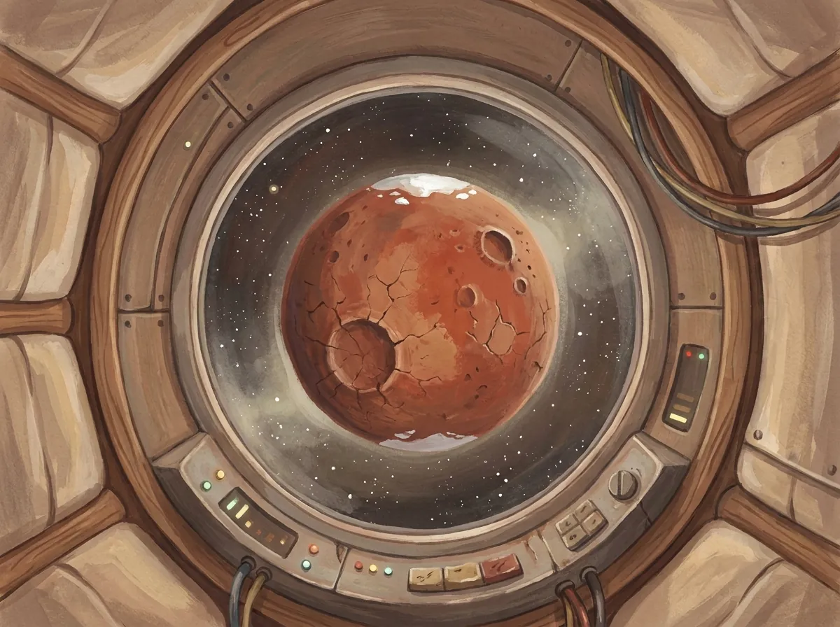 The planet in the station window: bare, dusty and red