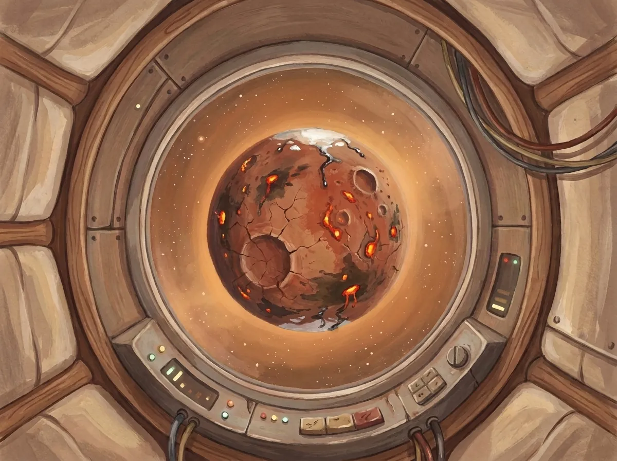 The same planet warming up, with glowing vents and smaller ice caps