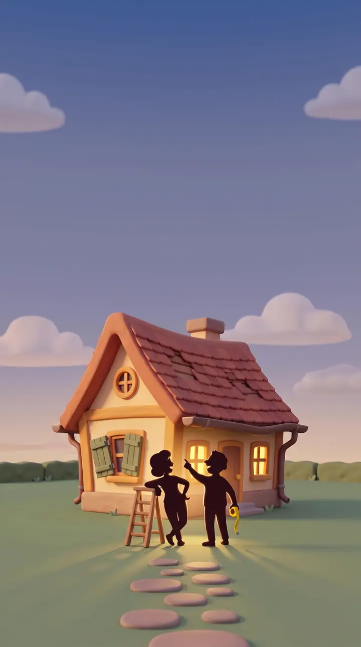A couple standing in front of their house at dusk. One points up at a shutter hanging by one hinge. The other holds a tape measure.