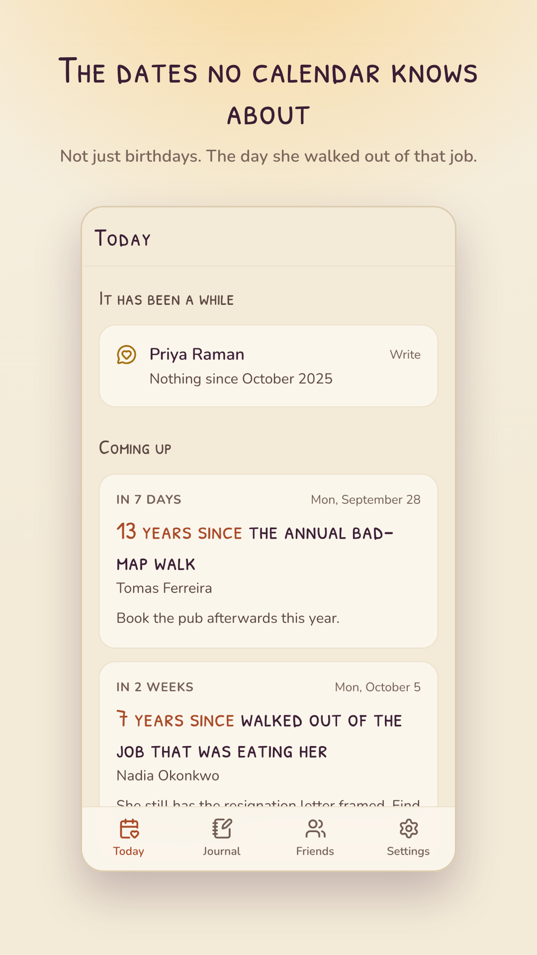 The Today screen, showing a memory from this day ten years ago and a birthday coming up