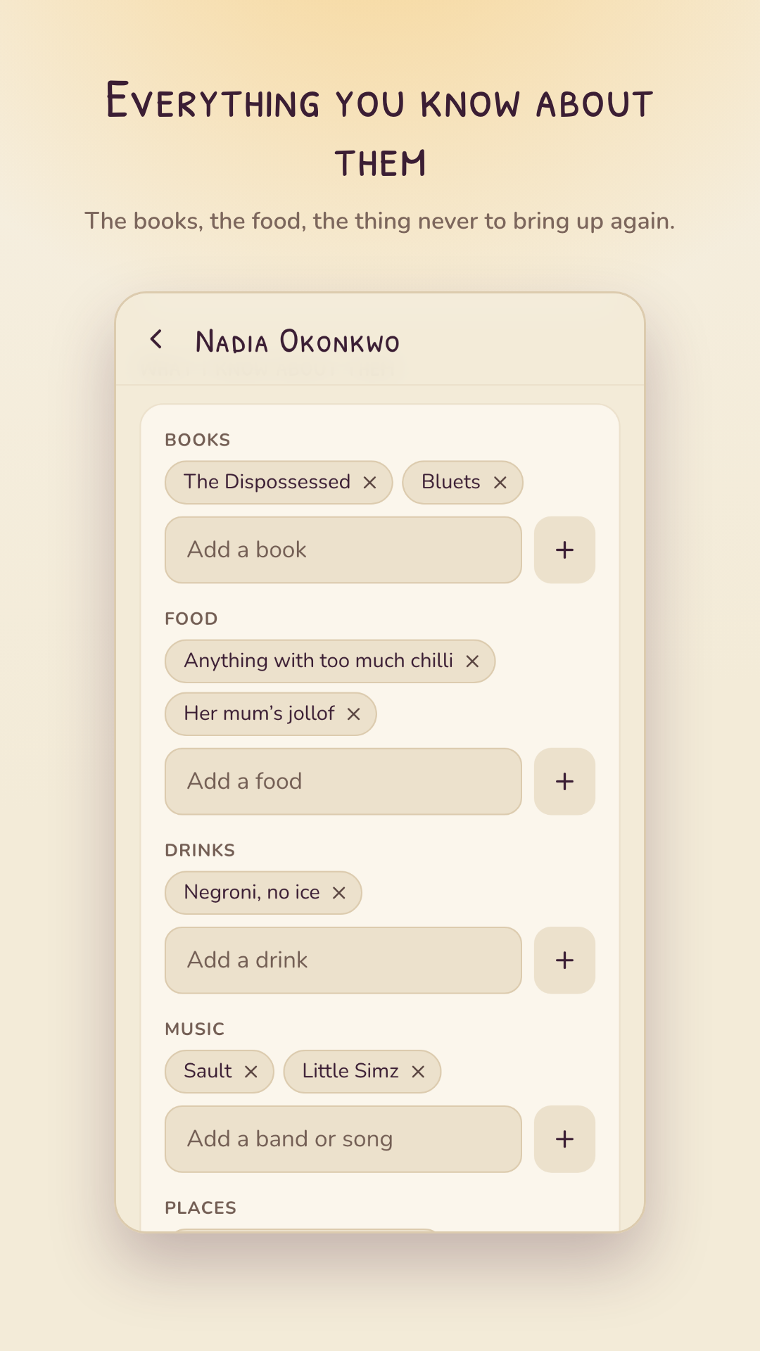 A friend’s page, showing favourite books, food and things to avoid
