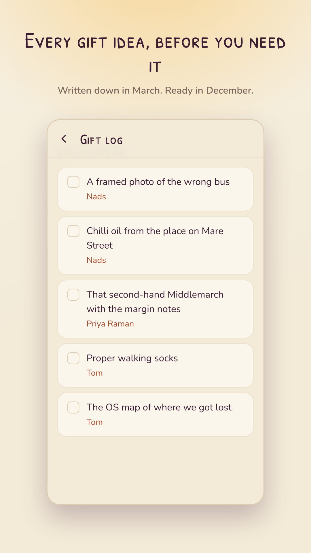 The gift log, listing ideas still to give