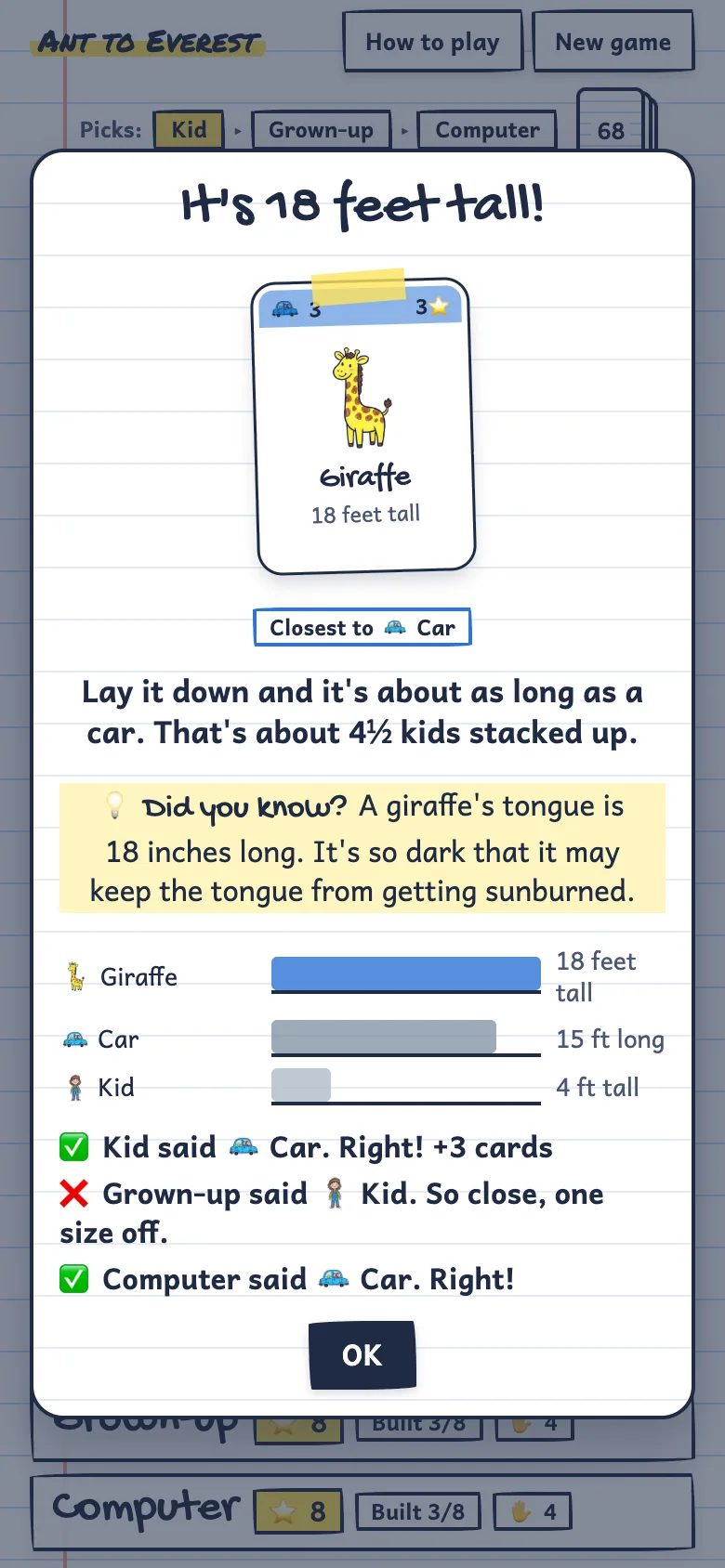 The size reveal: a giraffe is 18 feet tall, about as long as a car laid down, with a fact about its tongue and a check for everyone who guessed right