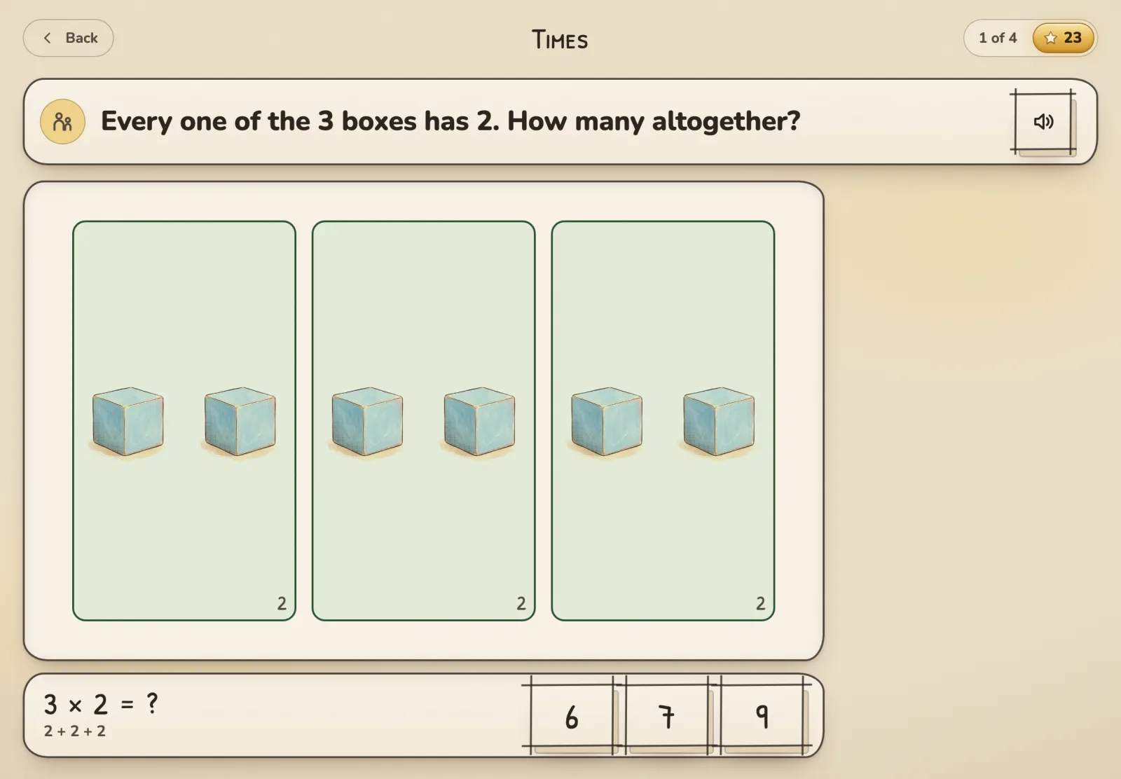 A Times round: three boxes with two blocks in each, and 3 × 2 under the board with three answers to pick from.
