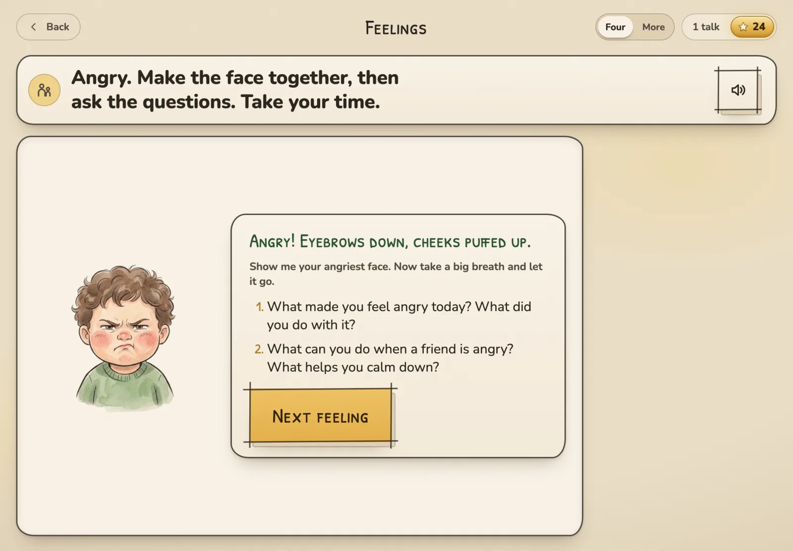A feelings card: a scared face and the two questions to ask about it.