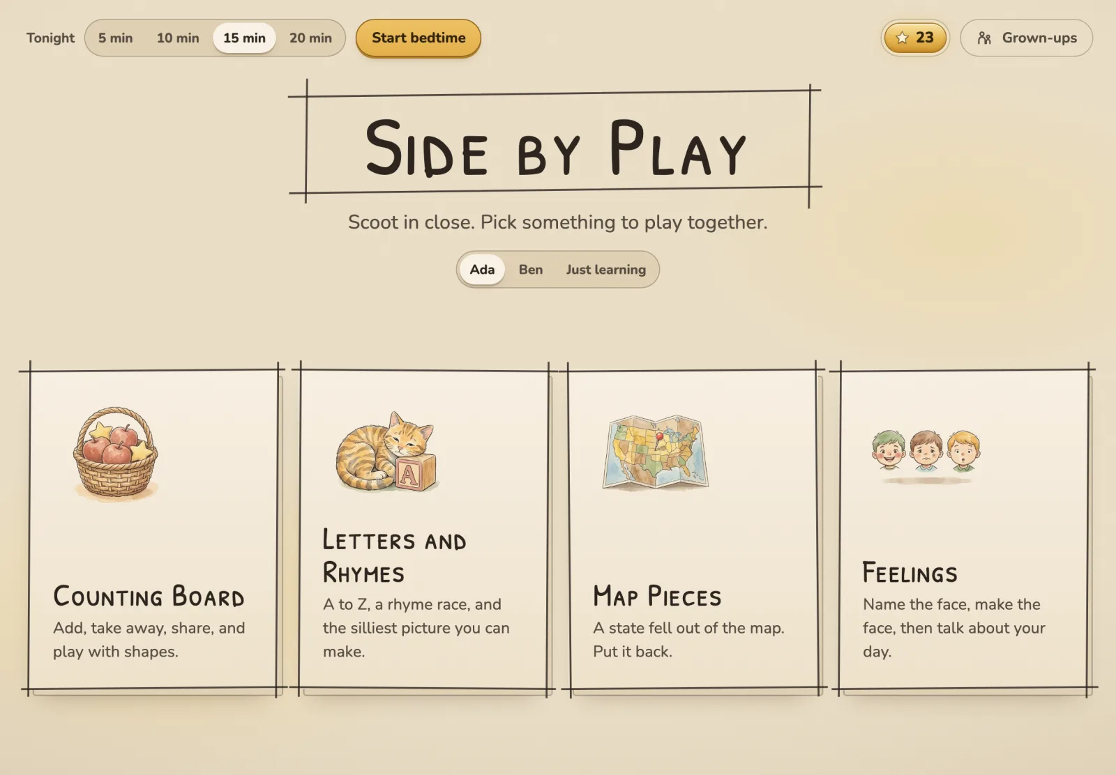 The Side by Play home screen: Counting Board, Letters and Rhymes, Map Pieces and Feelings, with a bedtime timer in the corner.