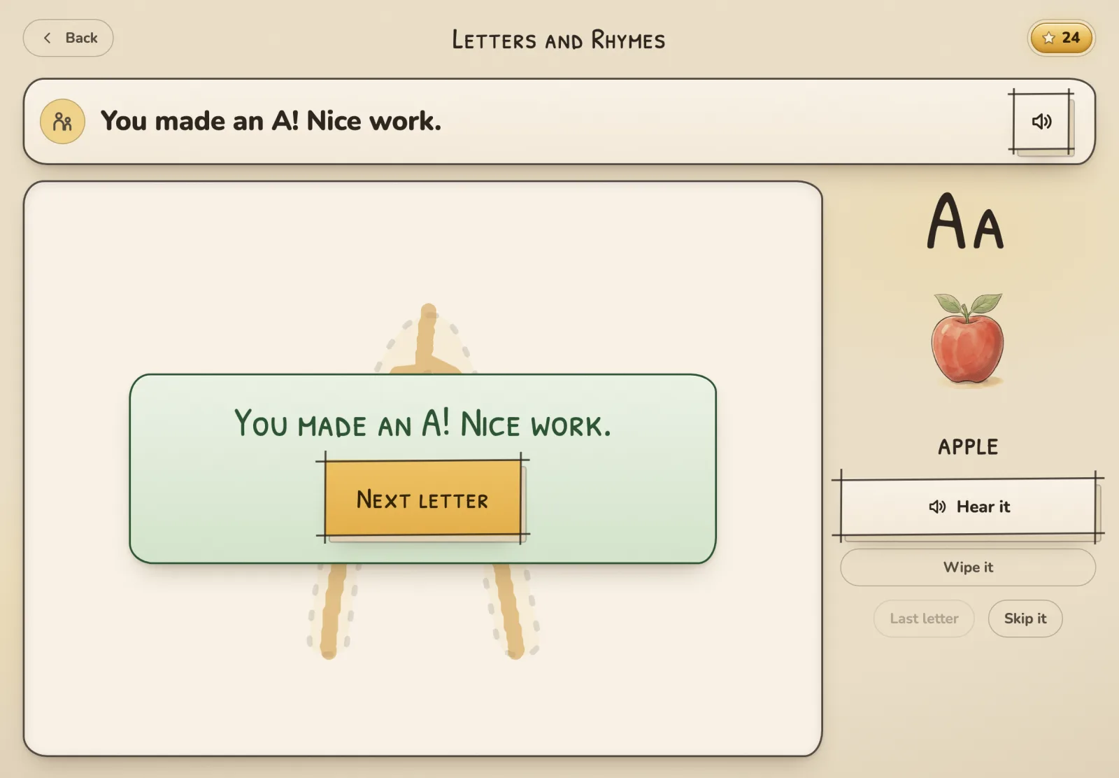 A letter card: a traced A with the cheer that goes with finishing it.