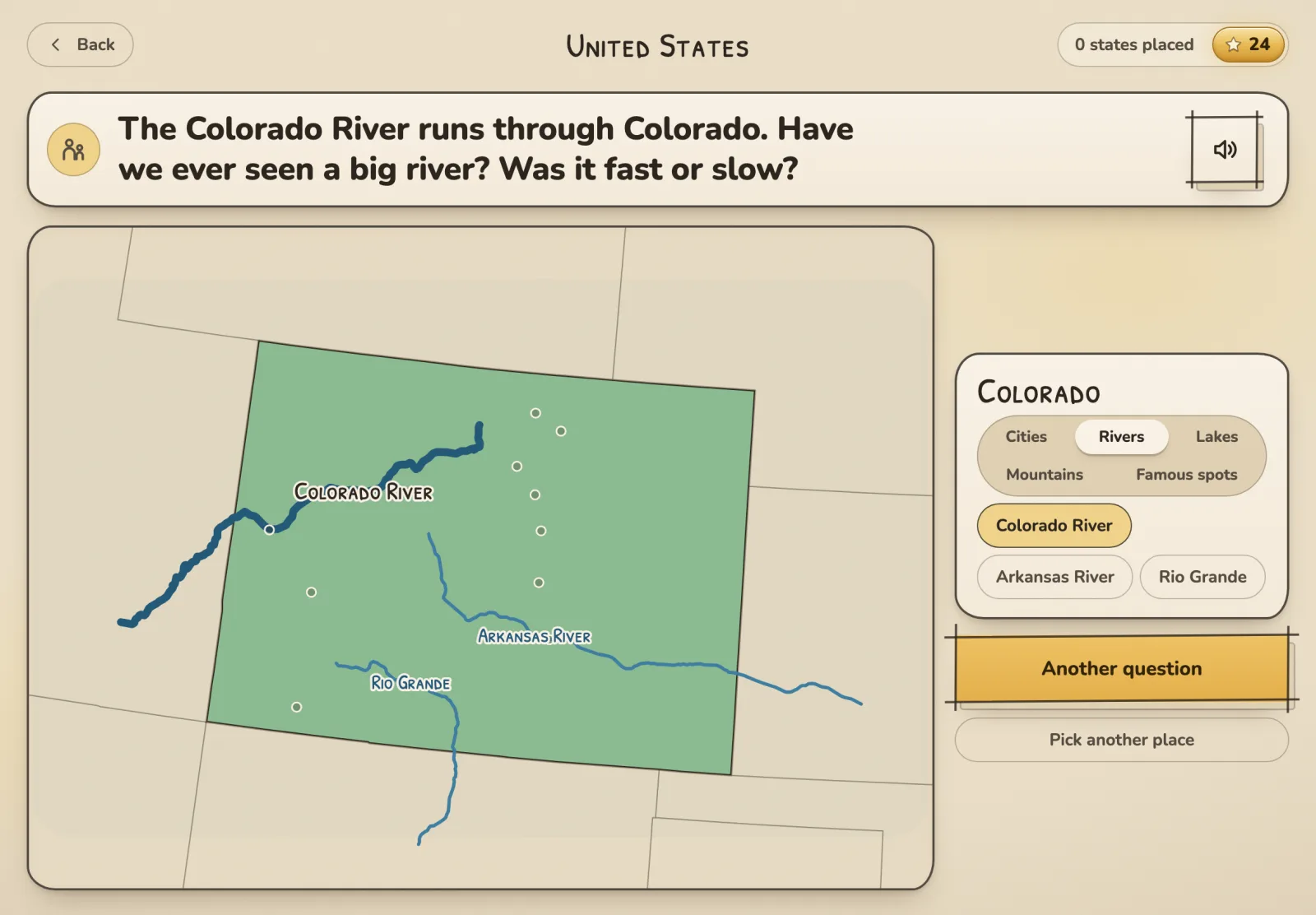 The capital hunt: Colorado zoomed in, with a star on Denver among the town dots.